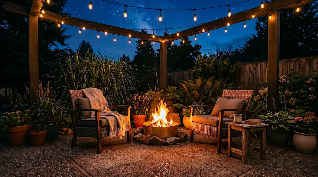 Small backyard patio at twilight with a glowing portable fire pit, string lights forming a canopy overhead, two chairs facing each other, and silhouetted ornamental grasses at the edges