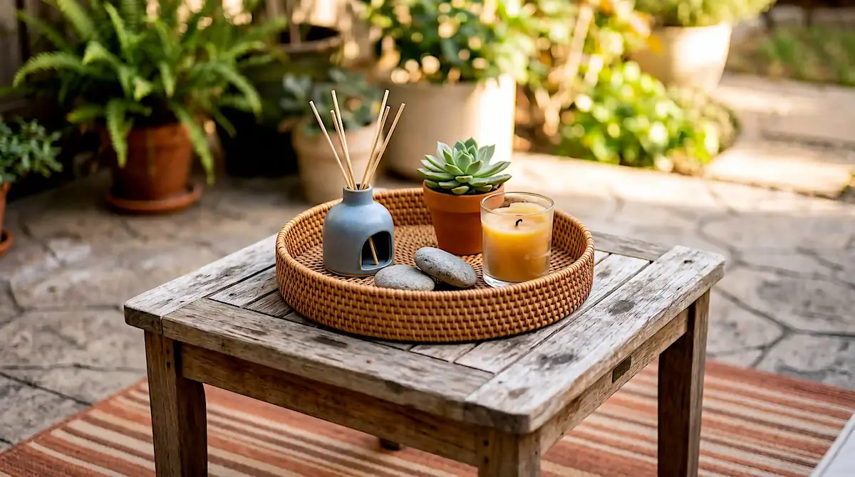Close-up of a rattan tray on a weathered teak outdoor coffee table holding a ceramic diffuser, smooth river stones, a succulent in a clay pot, and a beeswax candle