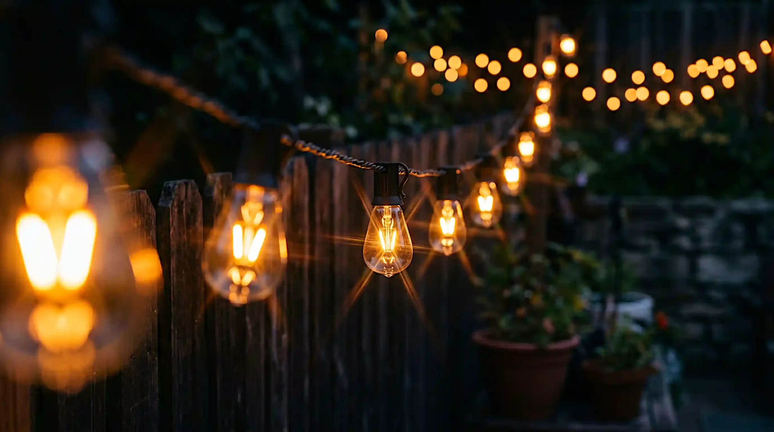 Close-up of warm Edison bulb string lights glowing on a small patio at night with natural lens flare and 2700K orange warmth