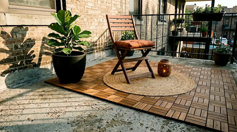 A plain brick circular patio transformed with a simple wooden folding chair with a rust cushion, a large black ceramic planter with a fig tree, and warm afternoon light