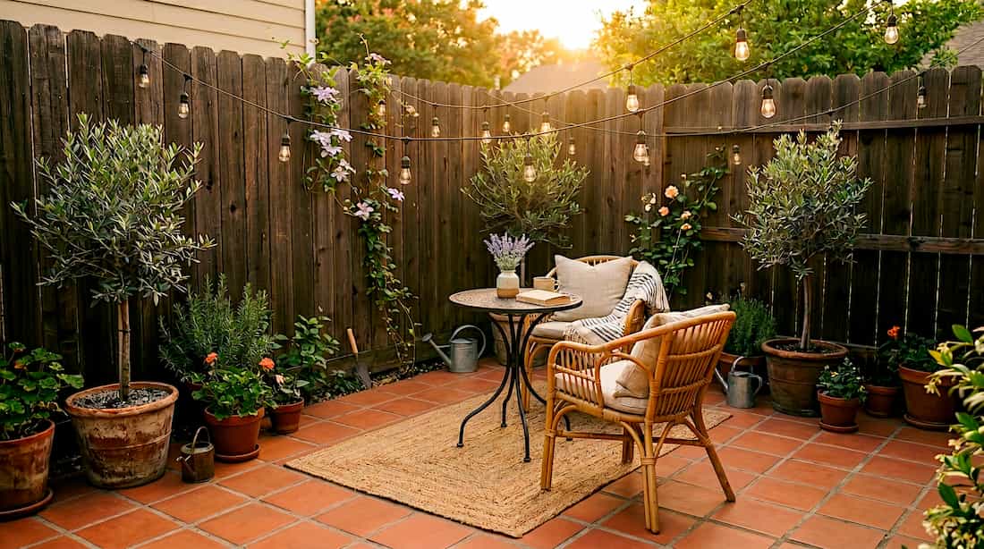 Small backyard patio with a bistro table, string lights overhead, and terracotta planters against a wooden fence at dusk