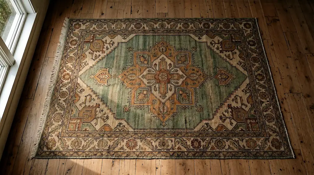 Oushak rug in sage green and dusty ochre tones laid flat on pale oak hardwood floor with warm afternoon window light