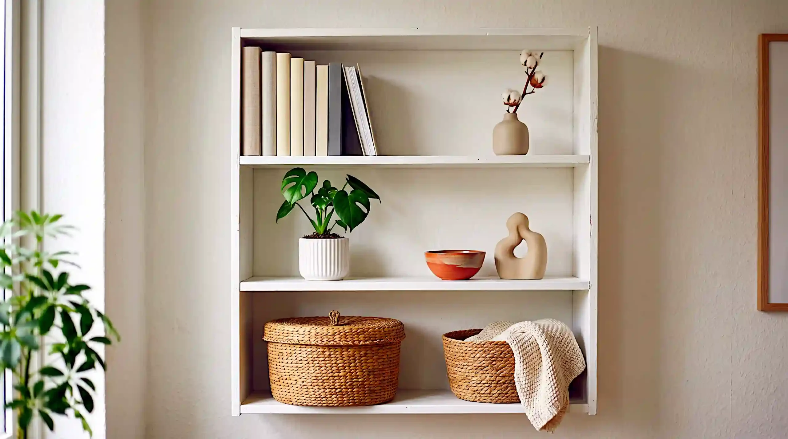 White open bookshelf styled in three tiers with books, plants, ceramics, and storage baskets in a small living room