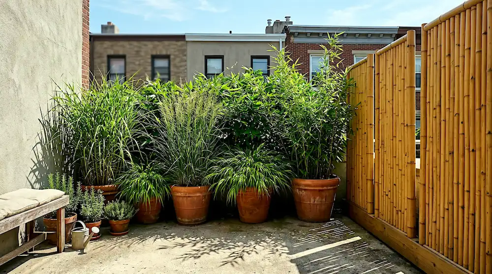 Small patio privacy wall made from natural bamboo panels and tall terracotta planters holding ornamental grasses and bamboo stalks