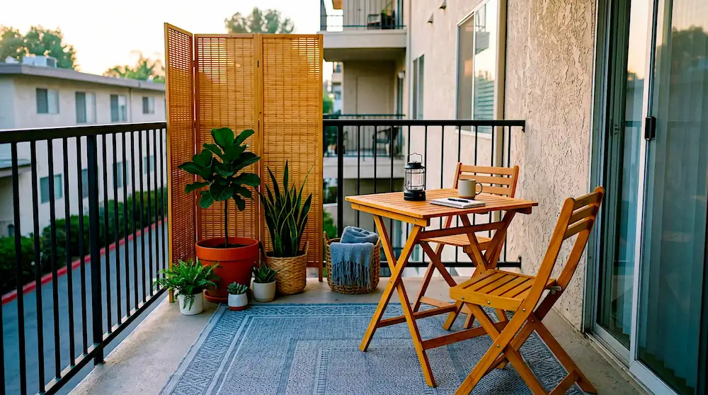Small apartment patio with natural bamboo folding table and chairs, a freestanding bamboo privacy screen, and a potted lavender plant on a blue woven rug