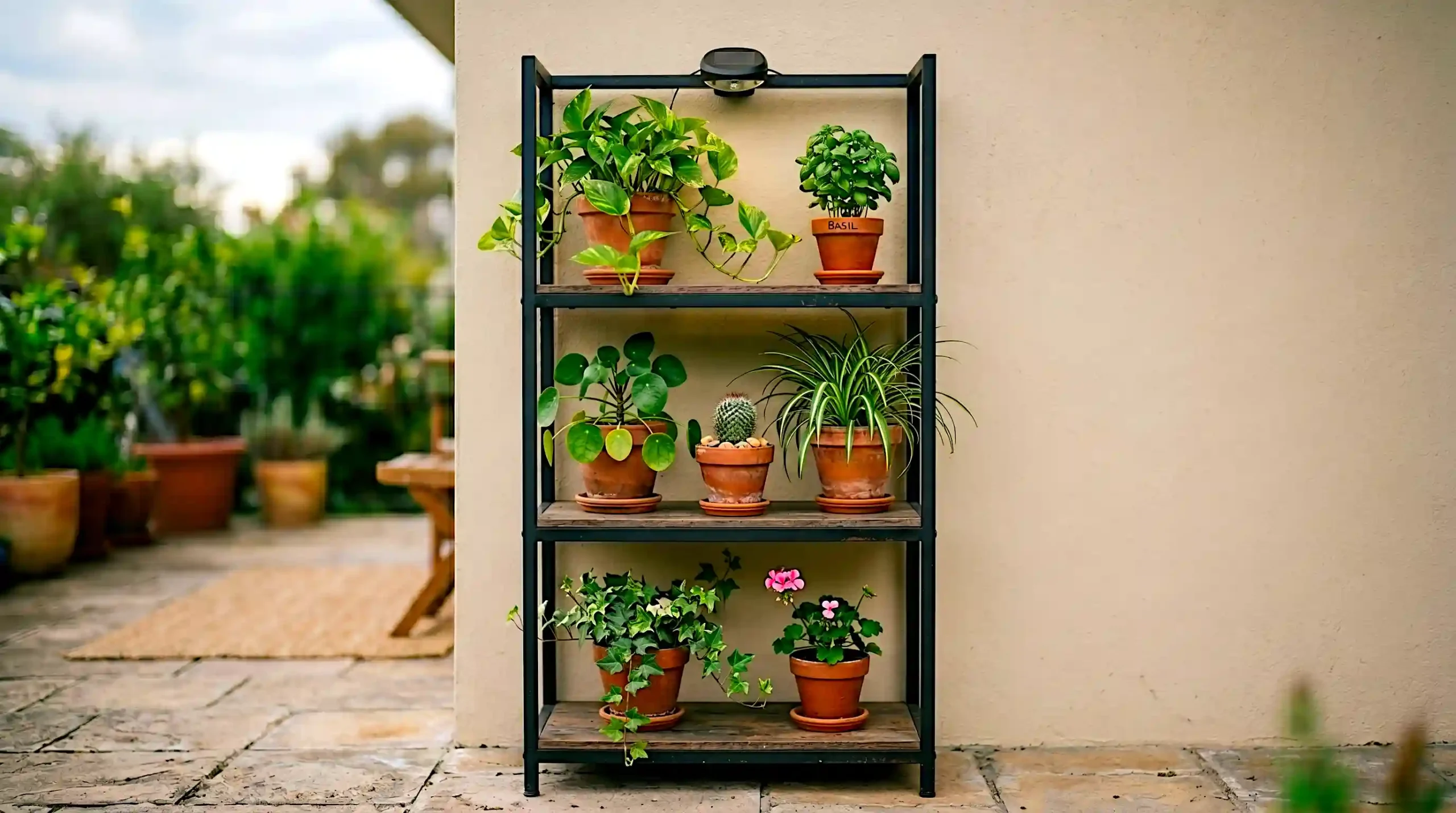 Freestanding three-tier metal plant shelf with terracotta herb pots and trailing plants against a plain apartment wall no drilling required