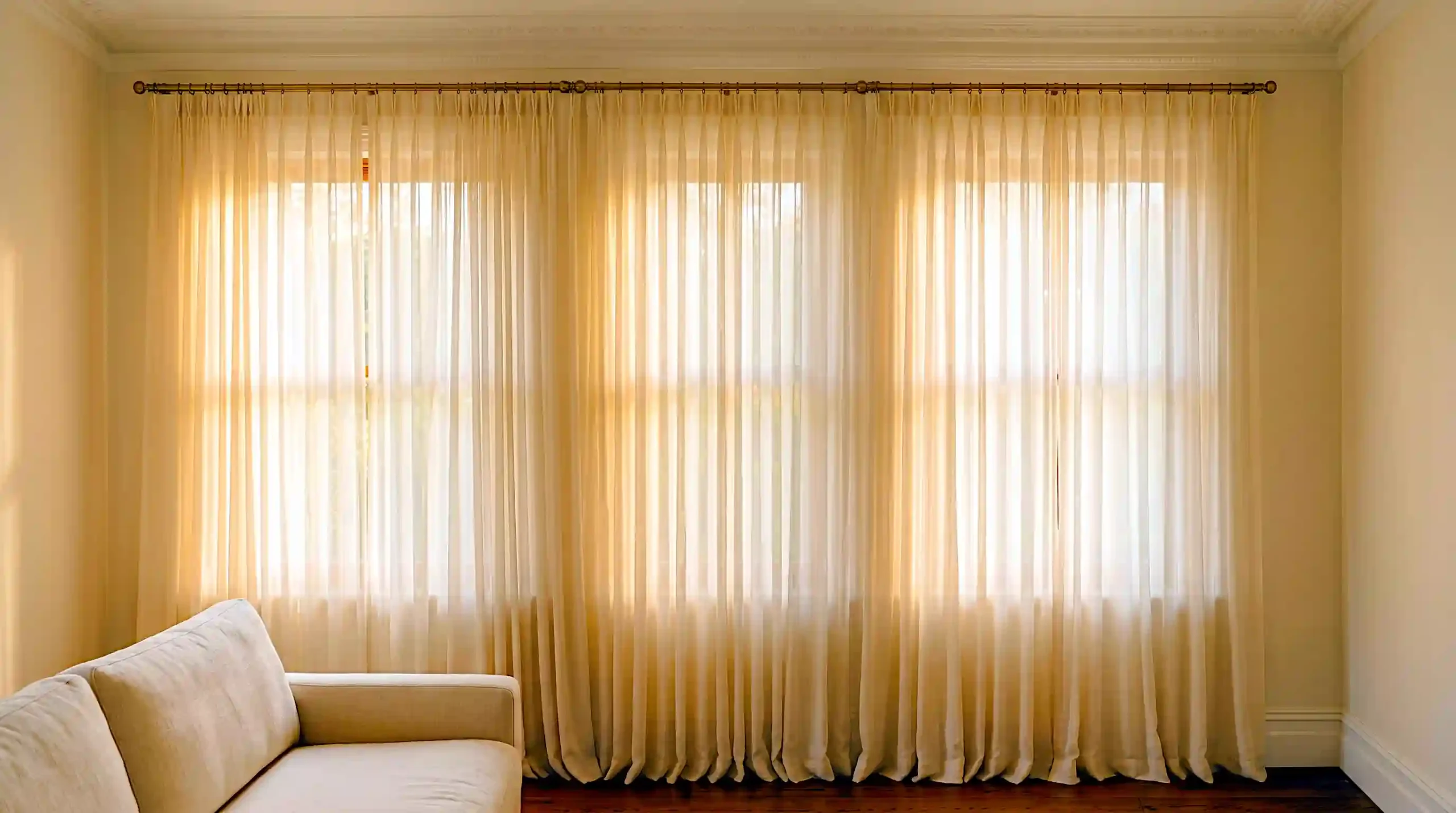 Sheer ivory linen curtains hung on a brass rod directly below the ceiling of a small apartment living room