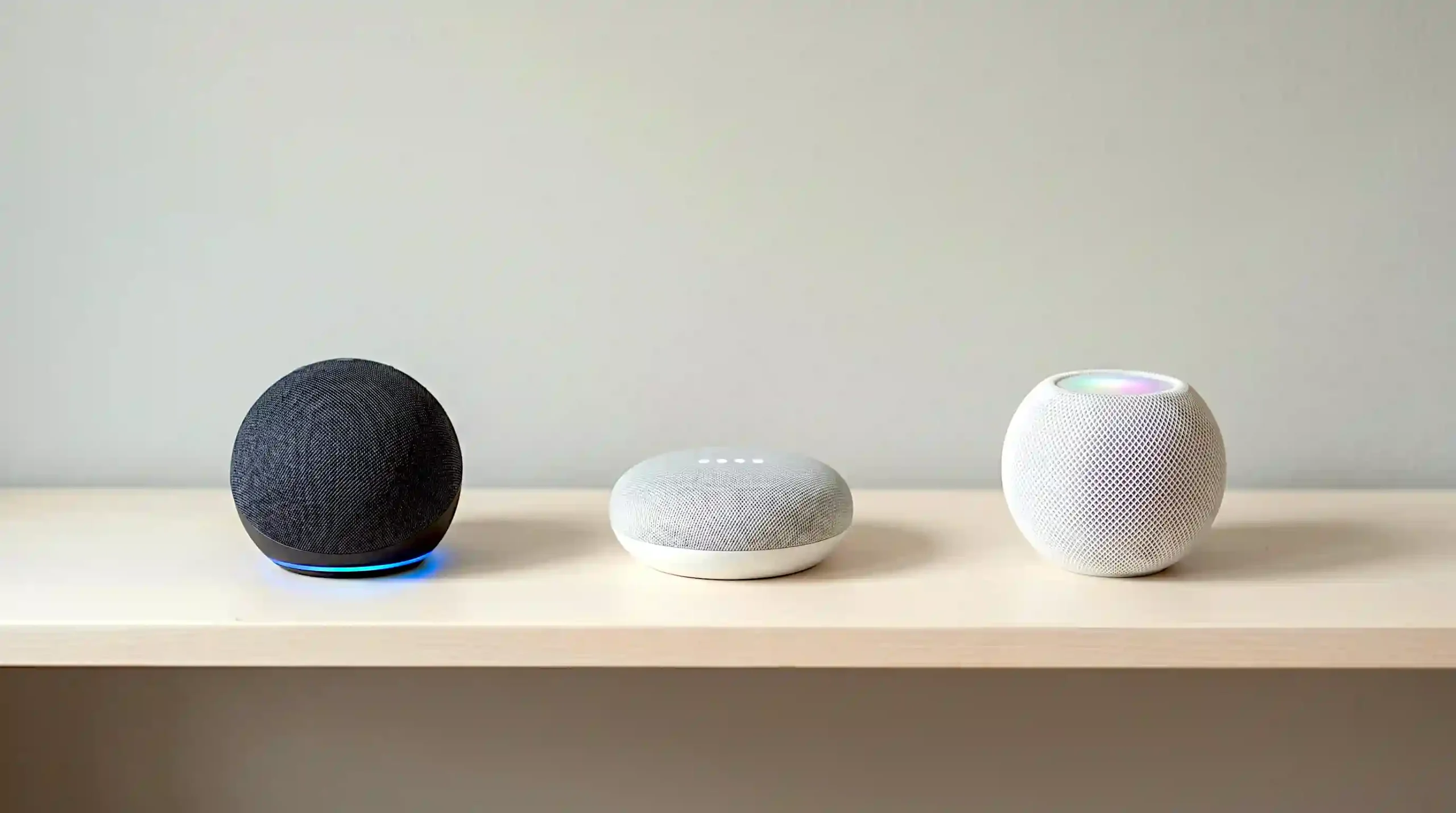 Three smart home ecosystem speakers side by side on a clean shelf — Amazon Echo Dot in charcoal, Google Nest Mini in white, and Apple HomePod mini in white, all with indicator lights on