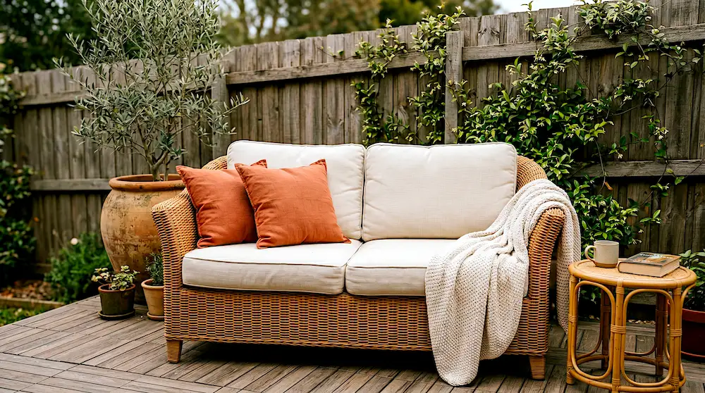 A compact two-seater all-weather wicker loveseat with off-white cushions, terracotta scatter cushions, and a casually draped cream knit throw on a small backyard patio with composite deck tiles and an olive tree