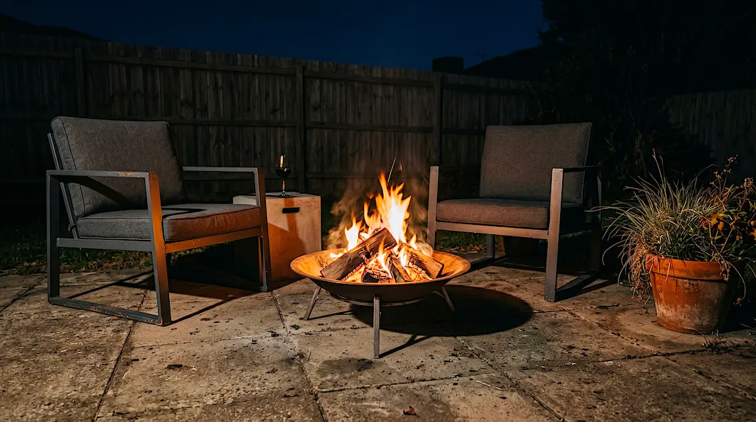 A modest round steel bowl fire pit with real burning flames on a small backyard patio at night with two dark metal armchairs with charcoal cushions and warm orange firelight casting shadows on concrete pavers
