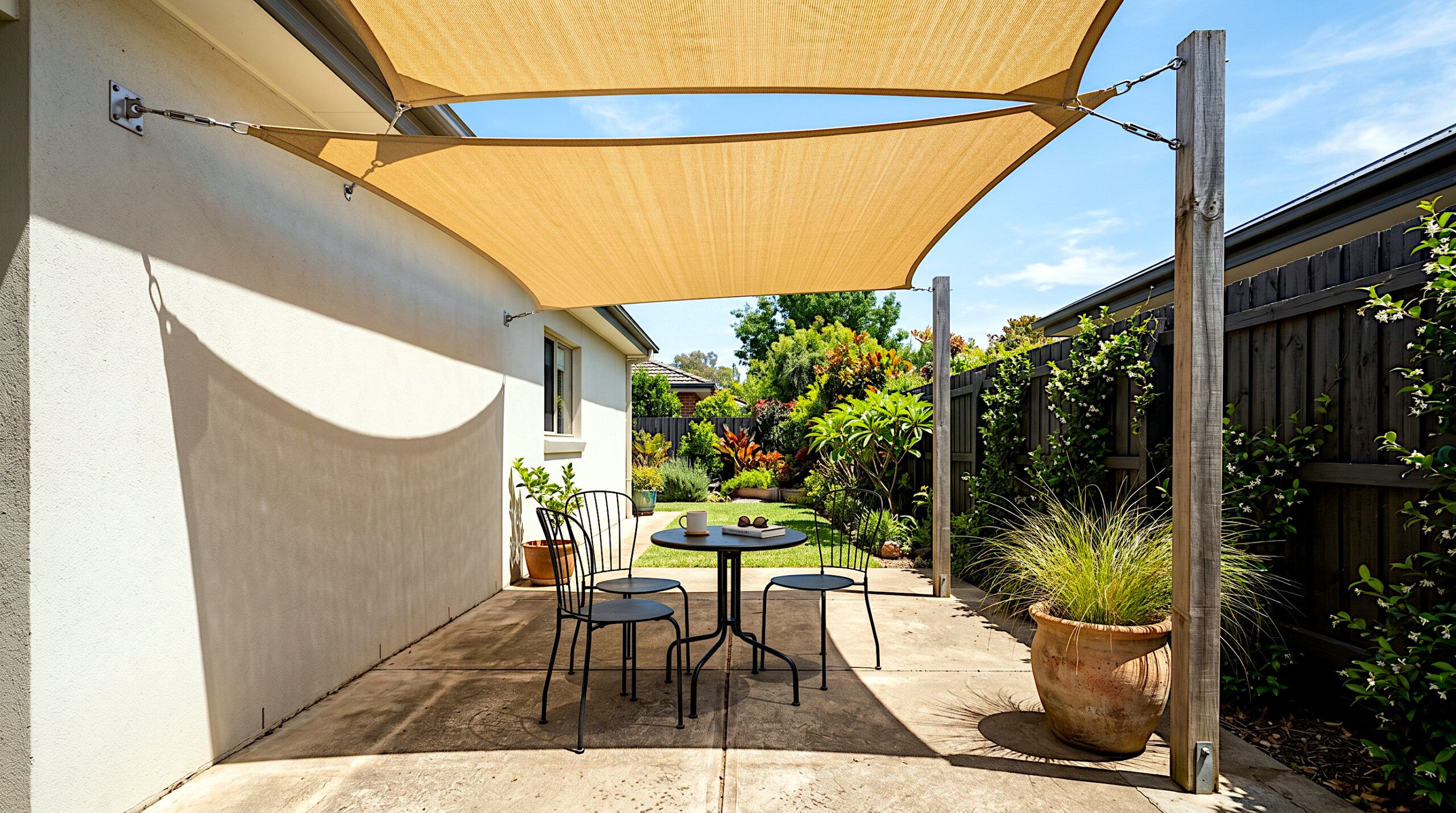 A triangle sand beige HDPE sail shade stretched between a house wall bracket and two timber posts over a small backyard patio casting a sharp triangular shadow on concrete pavers with a black bistro set underneath