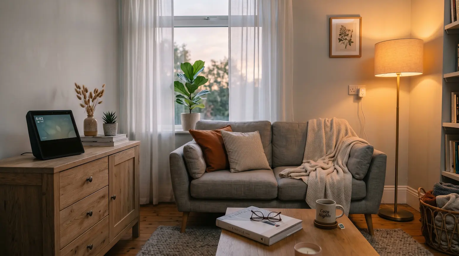 A cosy living room smart home setup with an Amazon Echo Show on a sideboard and Philips Hue lighting glowing amber in the evening