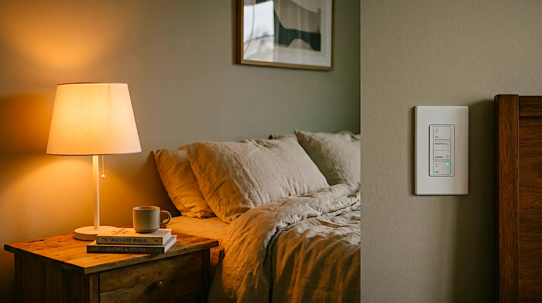 A bedroom showing a bedside table lamp with a warm glowing Philips Hue smart bulb on the left and a Lutron Caseta smart dimmer switch with a glowing blue LED indicator on the wall on the right