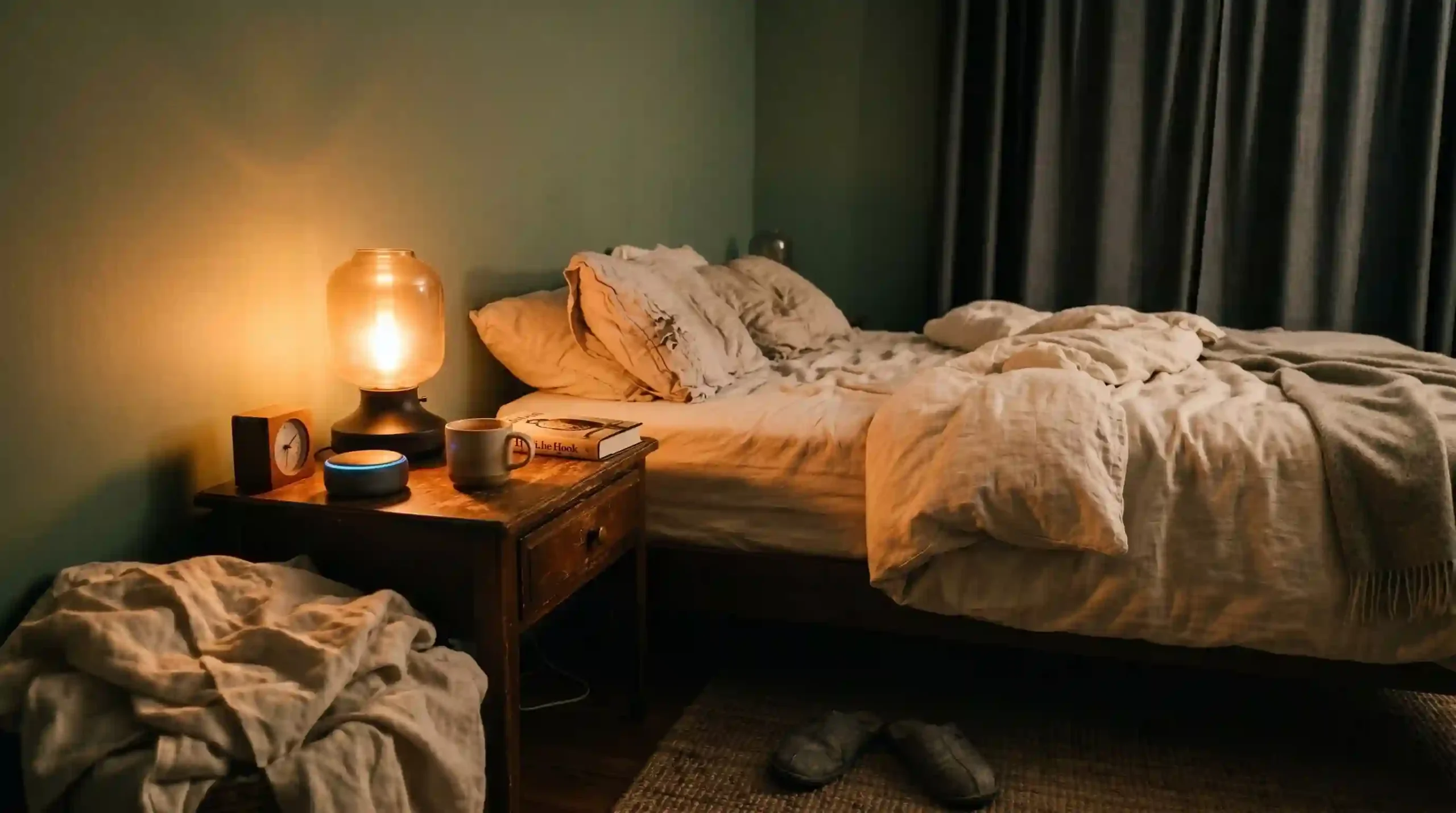 A peaceful bedroom with a Philips Hue bedside lamp glowing warm amber for circadian sleep lighting and an Echo Dot on the nightstand