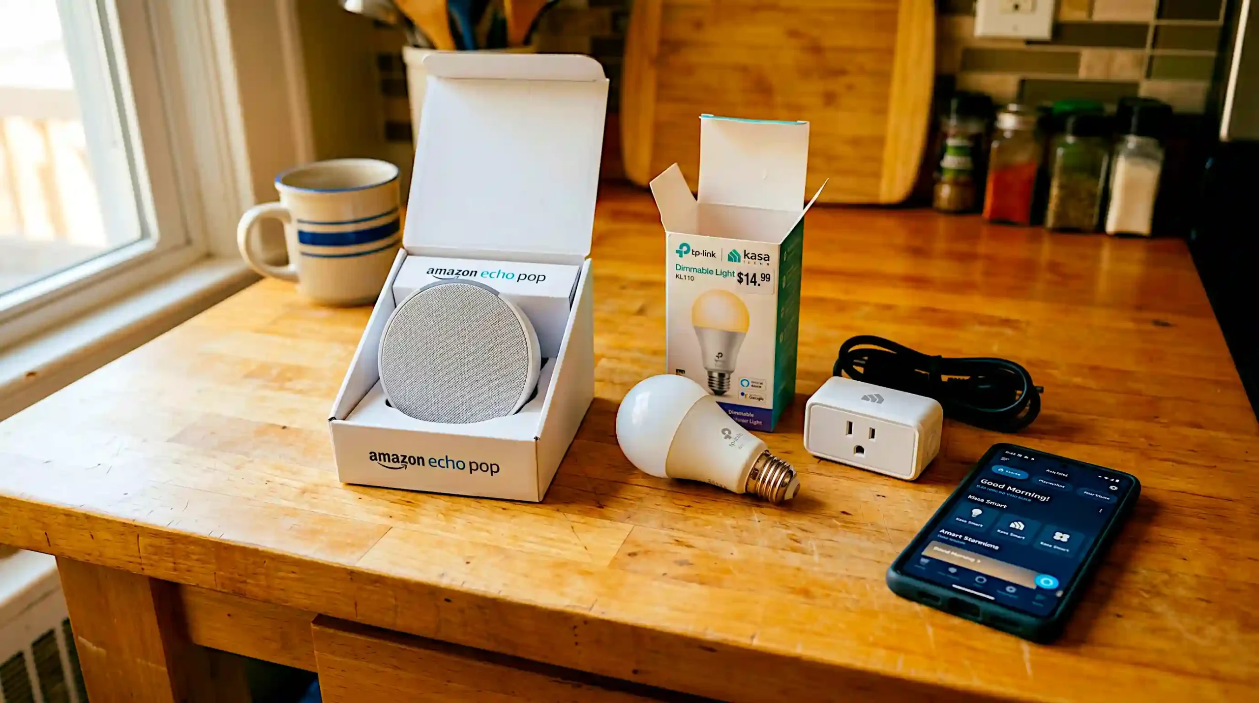 Affordable smart home devices partially unboxed on a warm kitchen counter including an Amazon Echo Pop in its box, a smart bulb beside its retail packaging, and a smart plug with a smartphone showing the Alexa app
