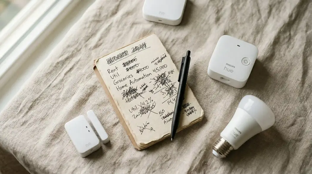 A flat lay of a smart plug, smart bulb, and door sensor arranged around a handwritten budget notepad and pen on a linen surface