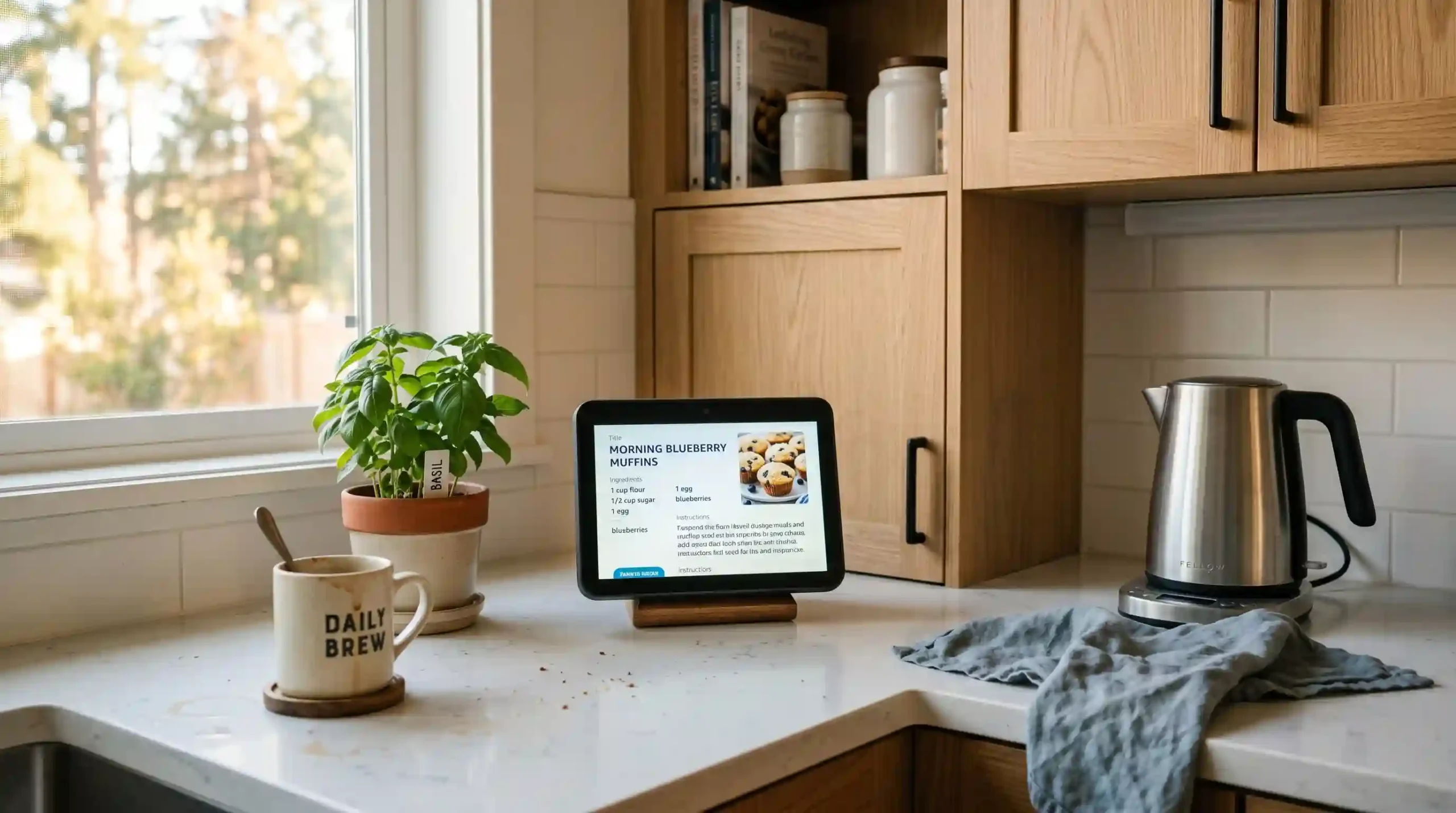 An Amazon Echo Show 5 displaying a recipe on a modern kitchen counter next to a kettle and potted herb in morning light