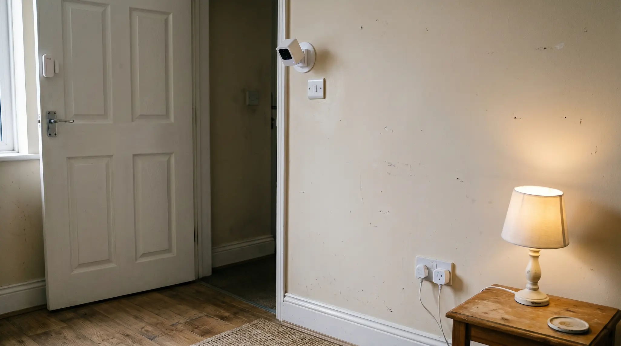 A real renter apartment interior showing a white adhesive-mounted Wyze security camera on the wall, a TP-Link smart plug in the skirting board socket with a lamp connected, and a Ring door sensor on the door frame, with no drill holes visible anywhere