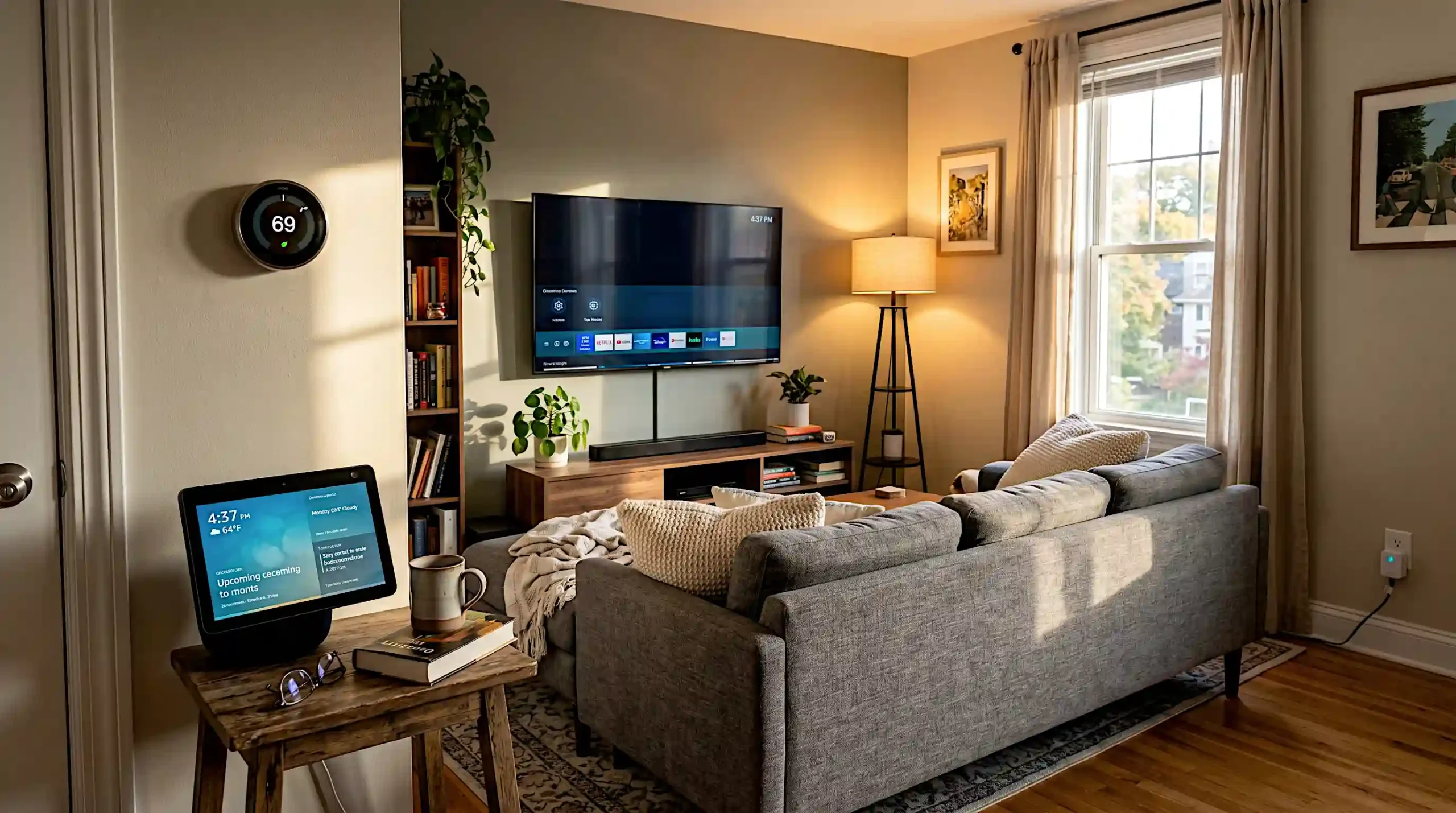 A cozy modern living room with a smart TV on the wall, Amazon Echo Show on a side table, Philips Hue floor lamp glowing warm, and a Nest thermostat visible on the wall