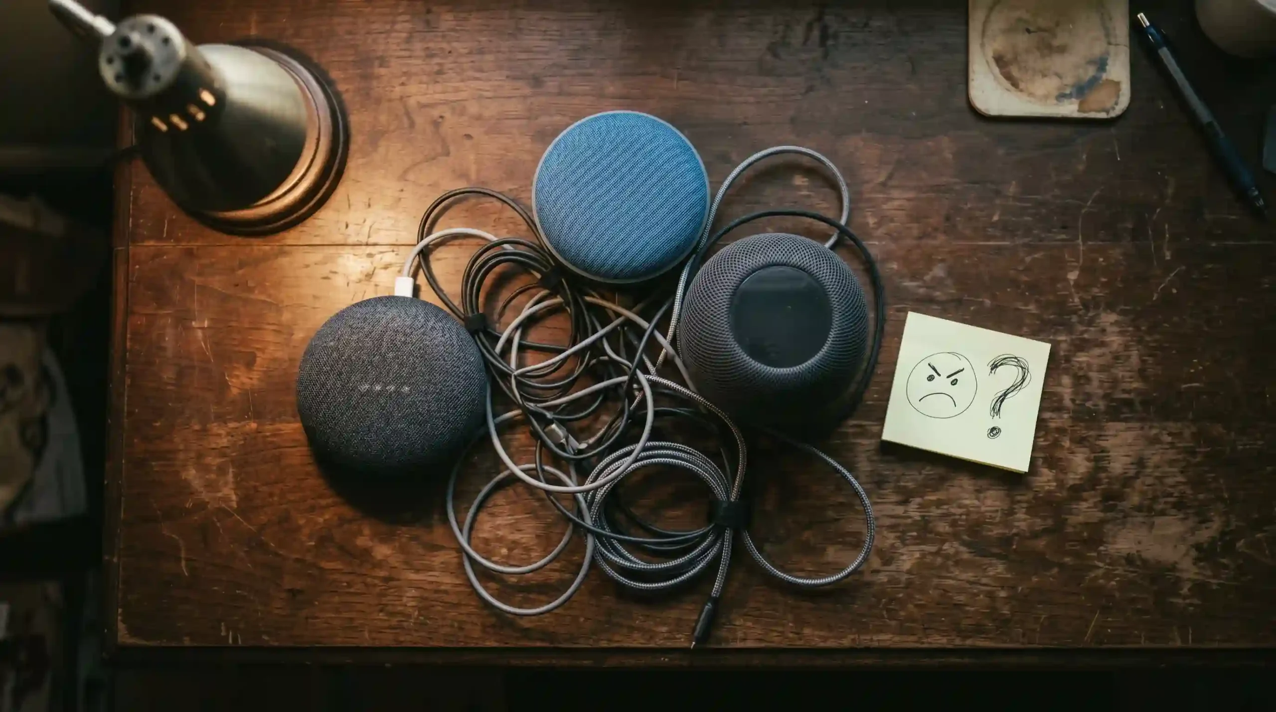 Three different smart home speakers from different brands arranged chaotically on a desk with tangled cables, representing the mixed-ecosystem mistake