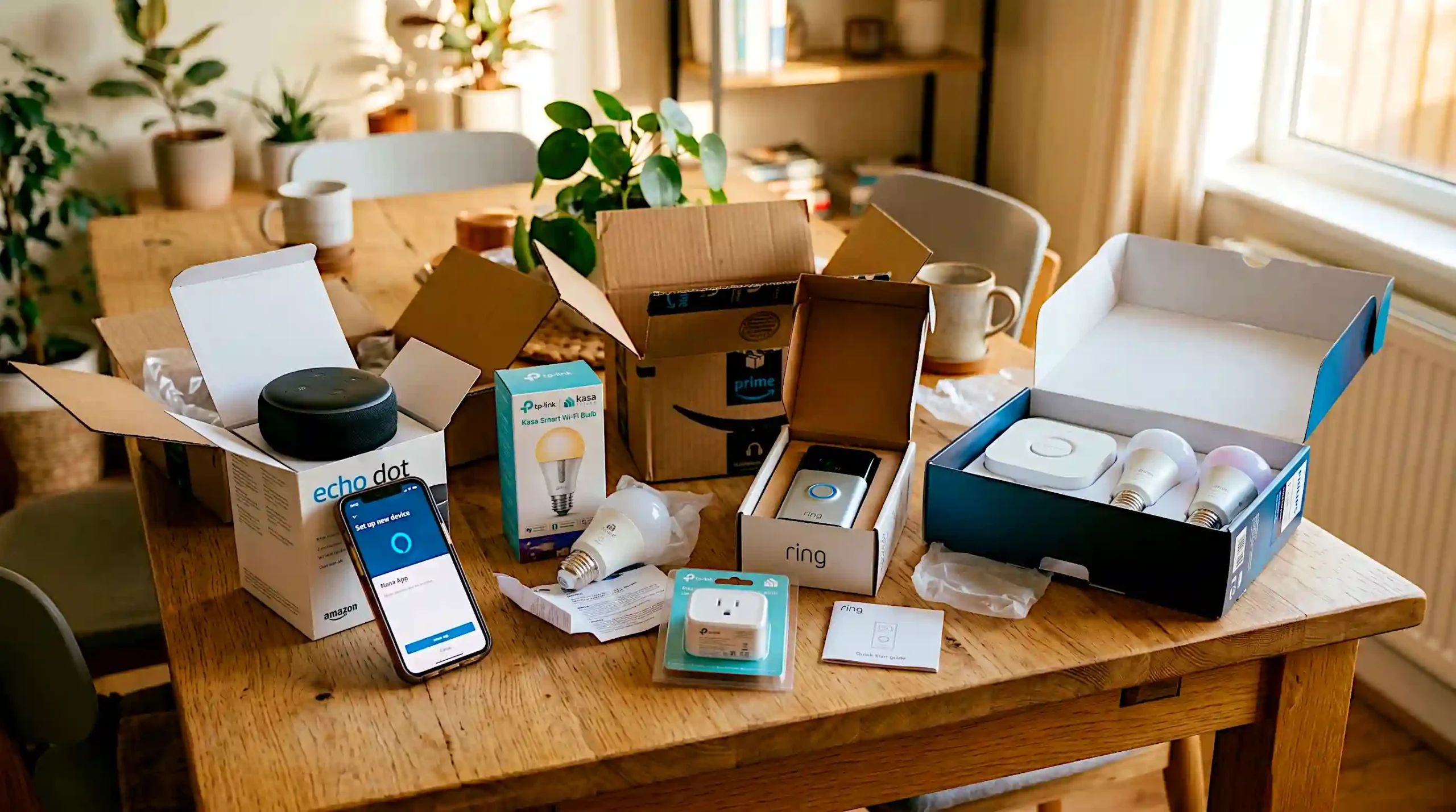 A warm lifestyle photograph of a complete beginner smart home starter kit unpacked on a natural oak dining table open boxes, smart devices, and a smartphone showing the Alexa setup app screen propped against one box