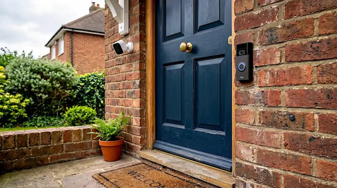A Ring video doorbell mounted on a brick door frame beside a navy painted wooden front door, with a Blink outdoor security camera mounted on the exterior wall above, both devices active