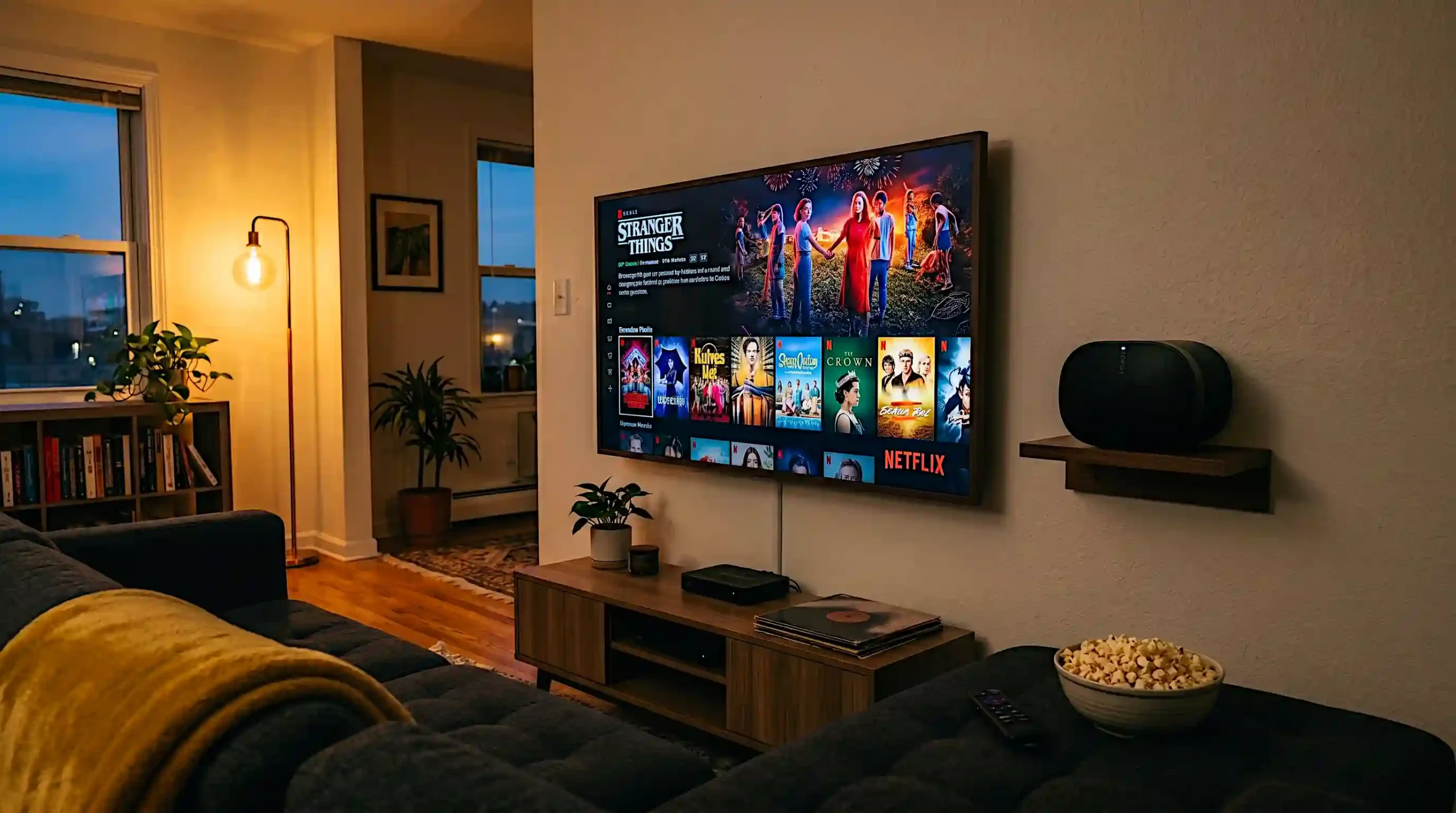 A cosy apartment living room in the evening with a 55-inch smart TV on the wall showing a streaming interface, a Sonos Era 100 speaker on a floating shelf to the right, and a warm floor lamp creating ambient light