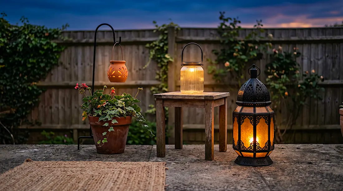 Three solar outdoor lanterns glowing warm amber at dusk on a small backyard patio including a Moroccan iron lantern, a ribbed glass lantern on a table, and a ceramic lantern on a shepherd hook