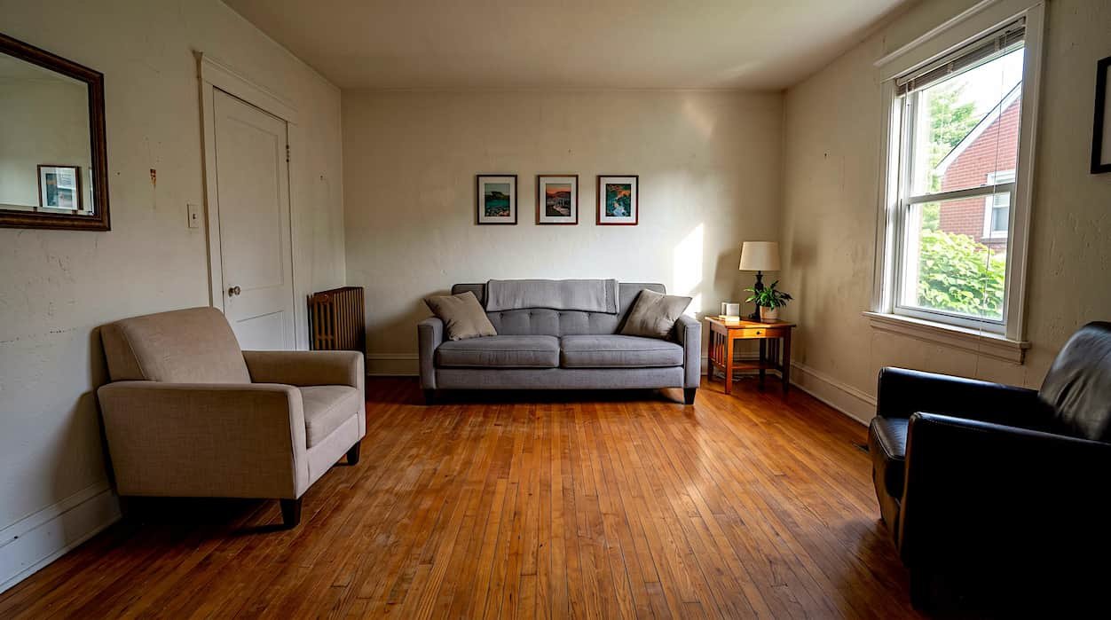 furniture pushed against walls leaving empty center space