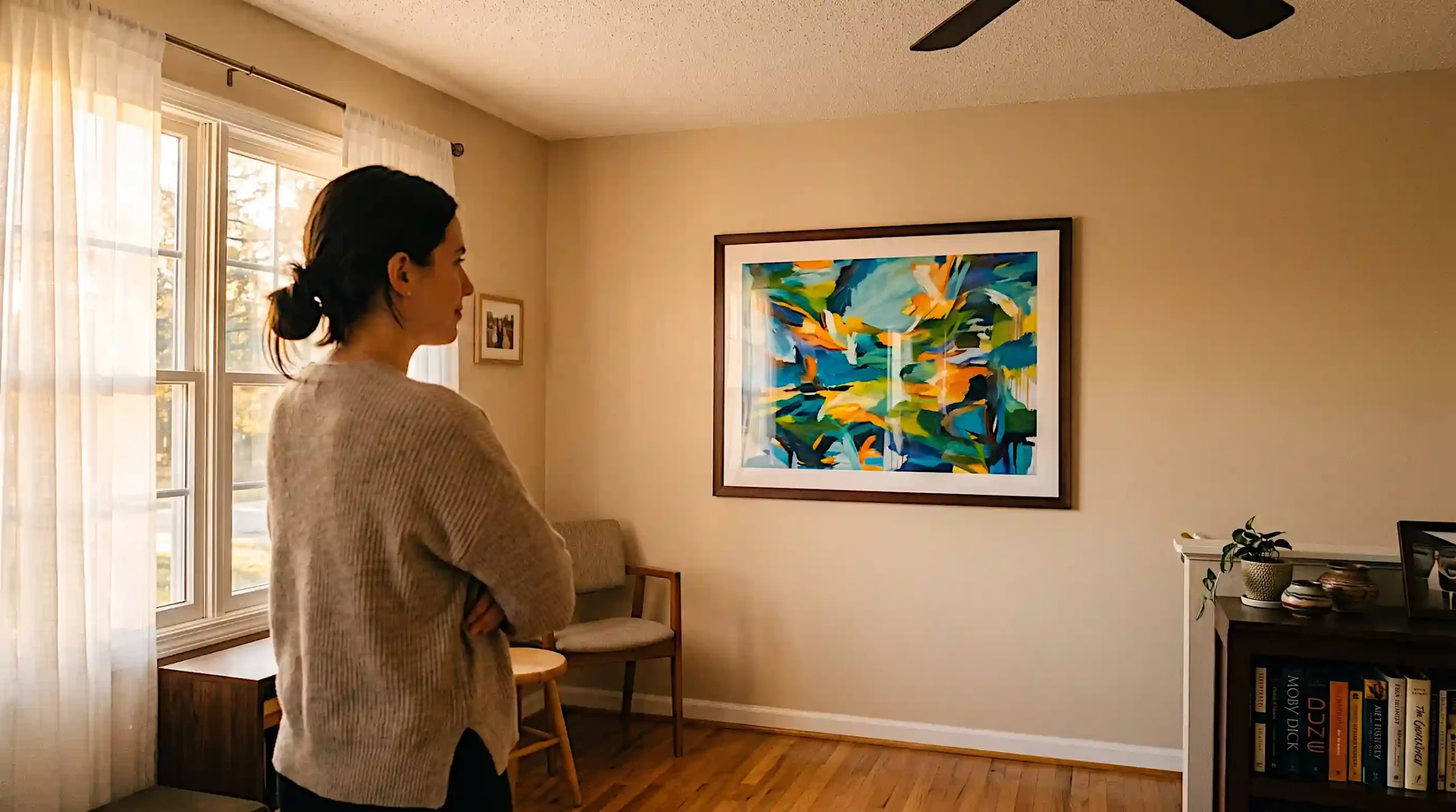 Framed art hung on wall without drilling holes in a cozy living room