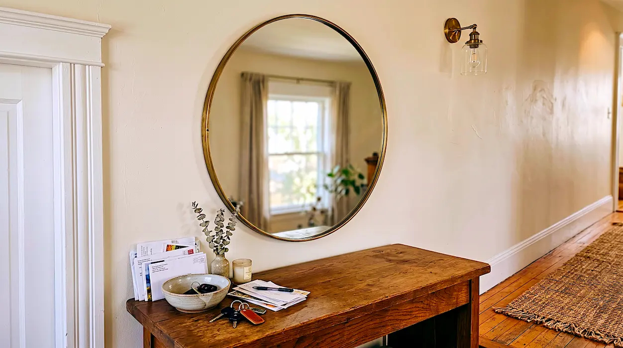 Heavy round mirror hung above console table without drilling into studs