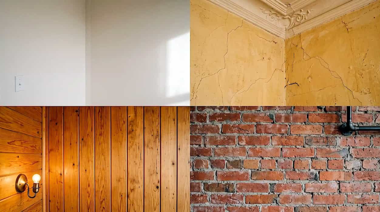Four wall types for hanging art without drilling: drywall, plaster, wood paneling, and brick