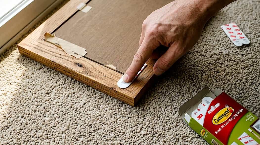 Applying Command Strips to a picture frame for damage-free heavy art hanging