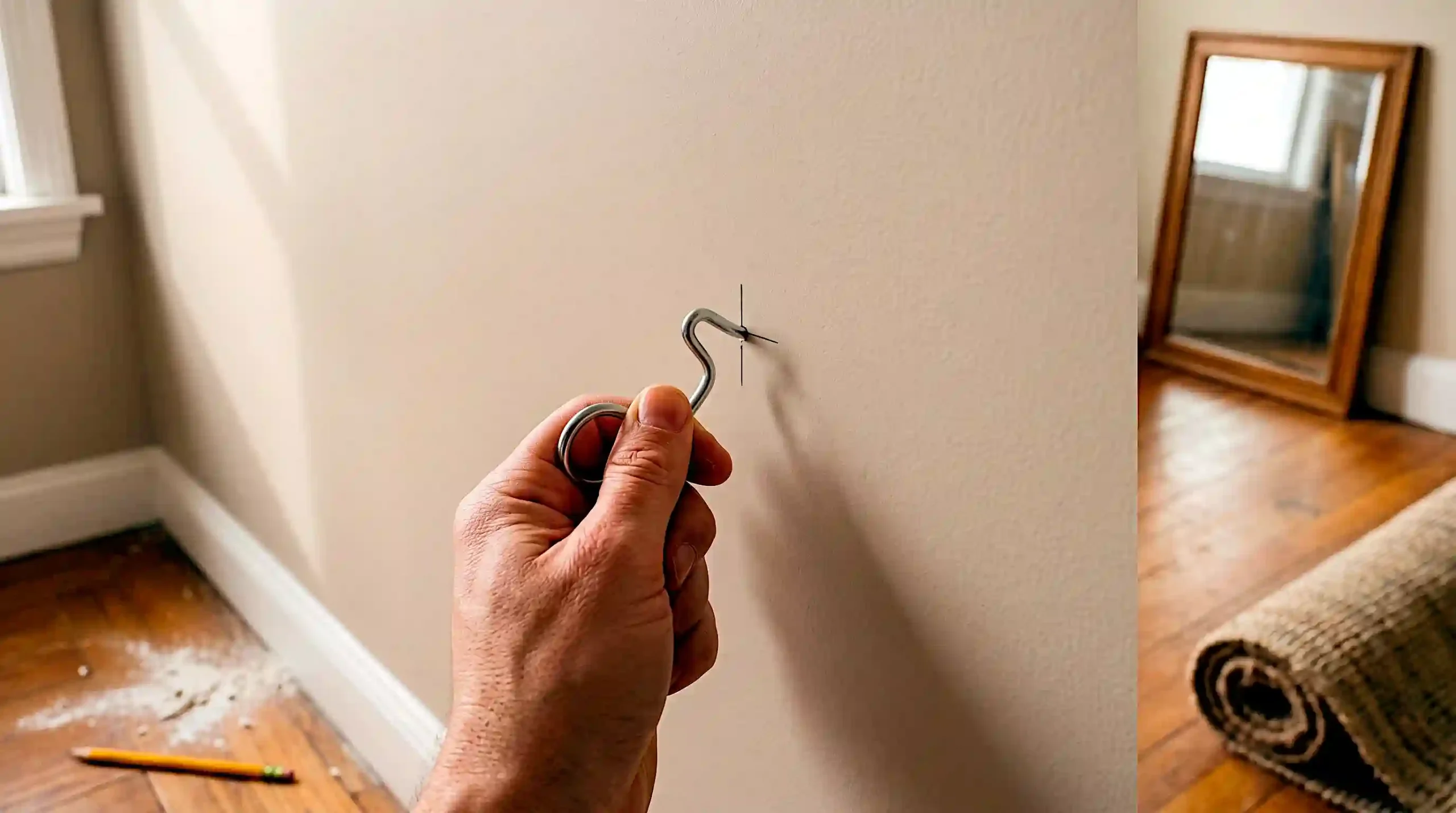 Hand inserting a Monkey Hook picture hanger into drywall without drilling