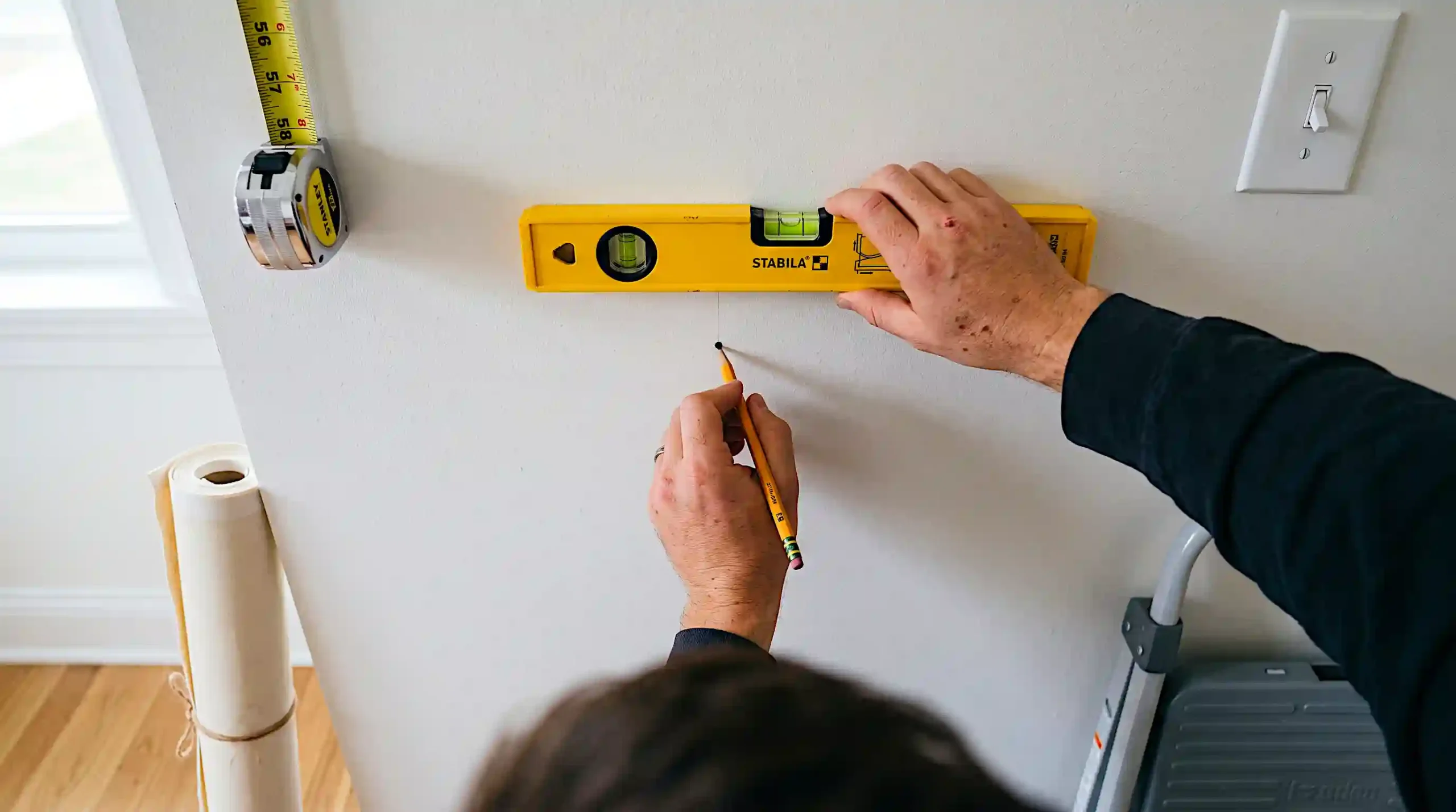 Using a level and pencil to mark wall position before hanging heavy art