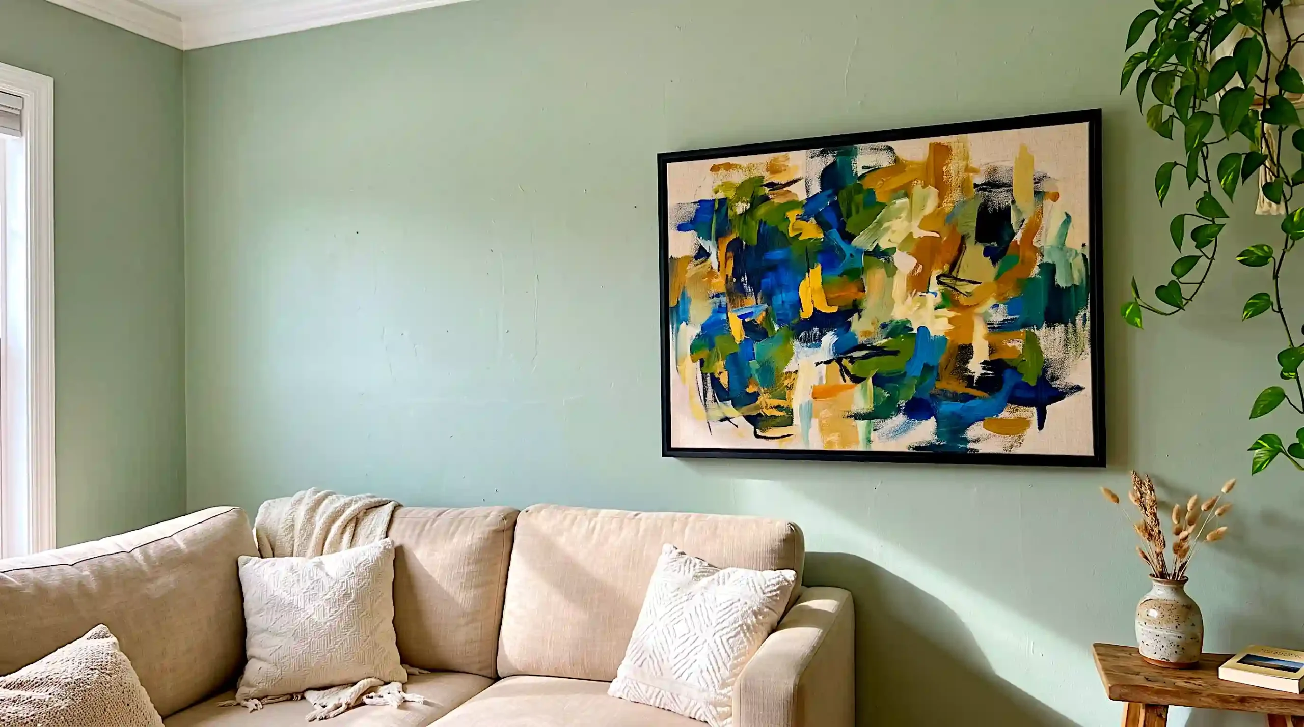 Large framed art piece hung on living room wall without drilling holes